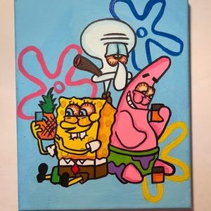 SpongeBob, Squidward, Patrick smoking 8x10 canvas  acrylic painting room decor